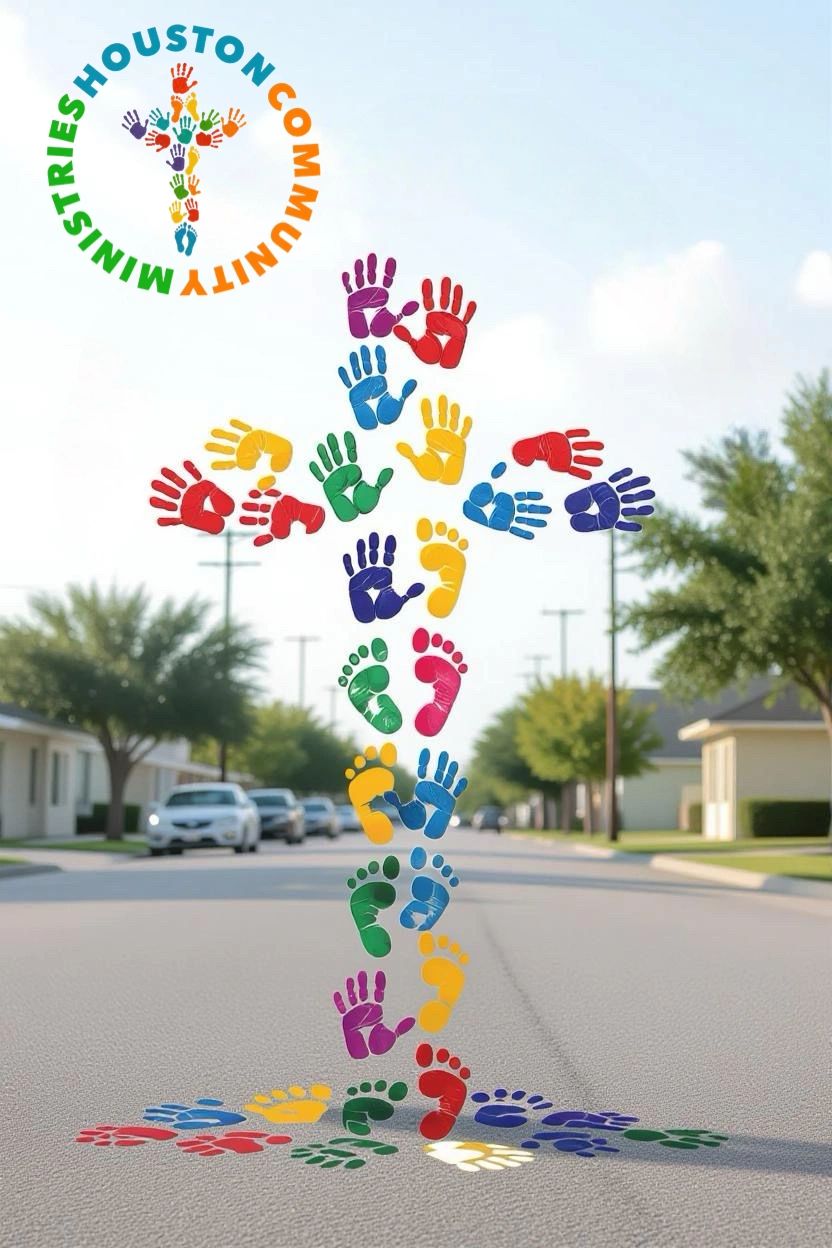 Colorful hand and footprints form a cross on a street with a Houston Community Ministries logo.