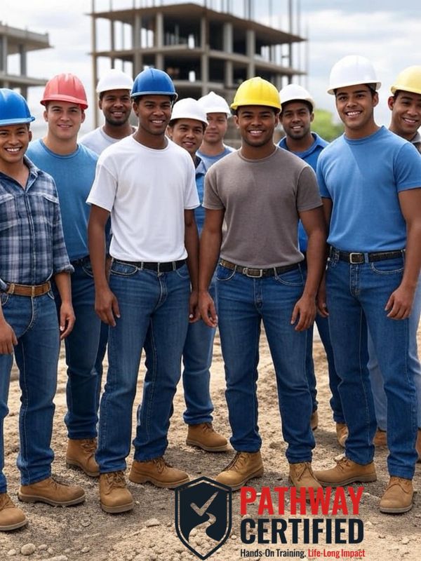 Group of construction workers wearing helmets and boots at a site.