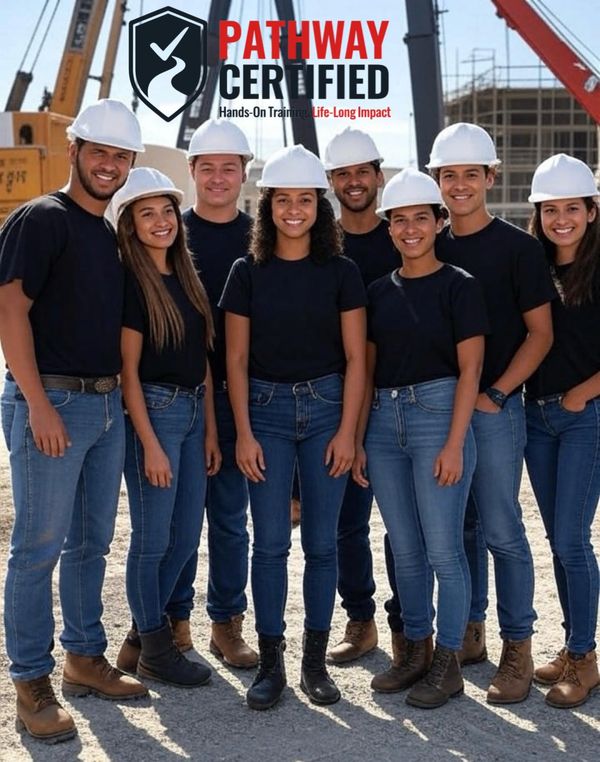 Diverse group of young construction workers smiling, wearing safety helmets and casual work attire.