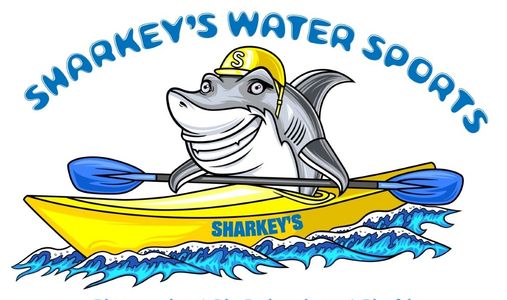 sharkeys water sports logo. www.whatsuppaddlesports.com