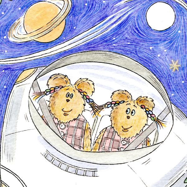 Two teddy bears in a spaceship with Saturn and stars outside.
