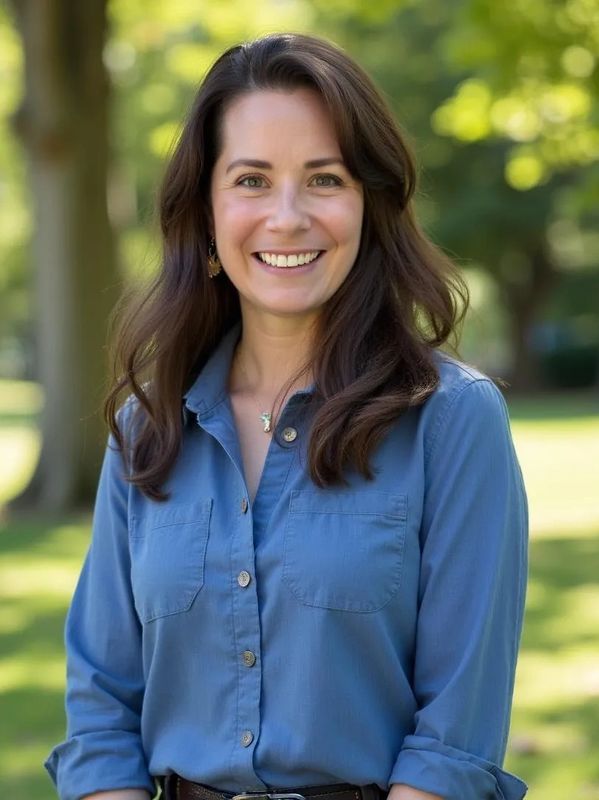 Smiling woman in a blue shirt outdoors on a sunny day.