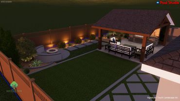 Fire Pit Area, Landscape Pathway, Fence Lighting, Open Lawn Space, Pavilion with Outdoor Seating