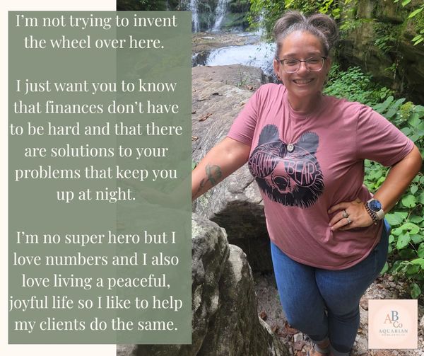 Woman smiling outdoors beside rocks with an inspirational finance message overlay.