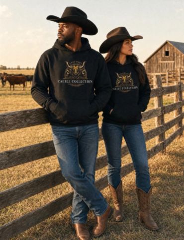 Two people in cowboy hats and denim jeans by a fence on a farm.