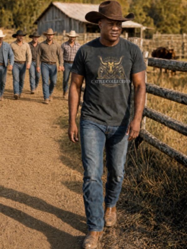 Cowboys walking on a ranch road.