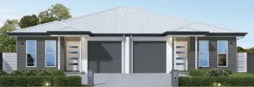 Modern duplex with gray garages and matching doors under a light gray roof.