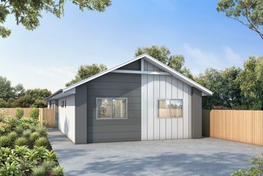 Modern single-story house with gray and white exterior and a spacious driveway.