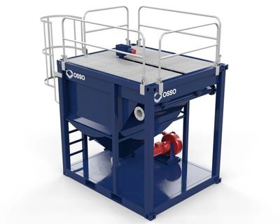 Image of containerised water solids removal tank. Steel frame is blue with steel safety rails on top