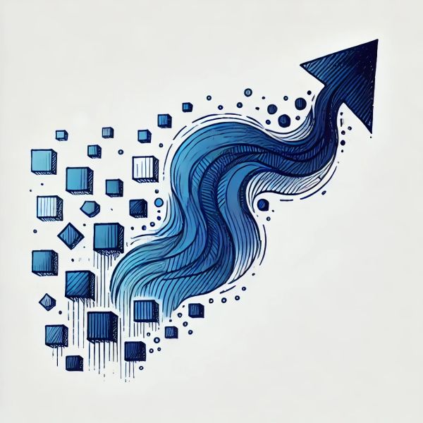 Blue abstract arrow made of cubes and flowing lines.