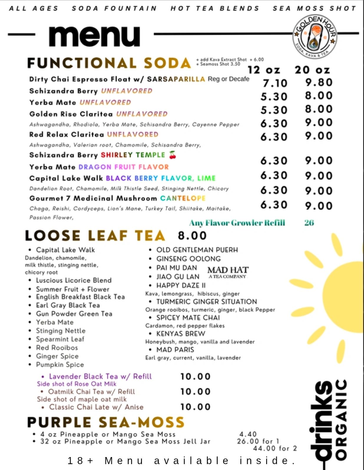 Golden Hour Tea all ages Menu featuring functional sodas, loose leaf teas, and purple sea-moss drinks with prices.