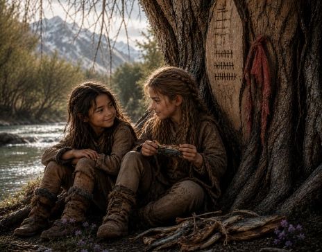 two girls sitting under a tree tied with a red ribbon and holding carvings they shared