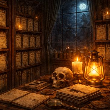 A dimly lit room filled with ghoul files, a skull, and old books under candlelight.