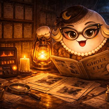A cheerful character reads a Ghoul File by lantern light in a cozy, mysterious room.