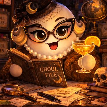 A cheerful ghost with glasses reads a ghoul file surrounded by spooky artifacts.