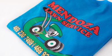 blue t-shirt with mowing logo, screen printing, heat transfer, frisco, altecprint,