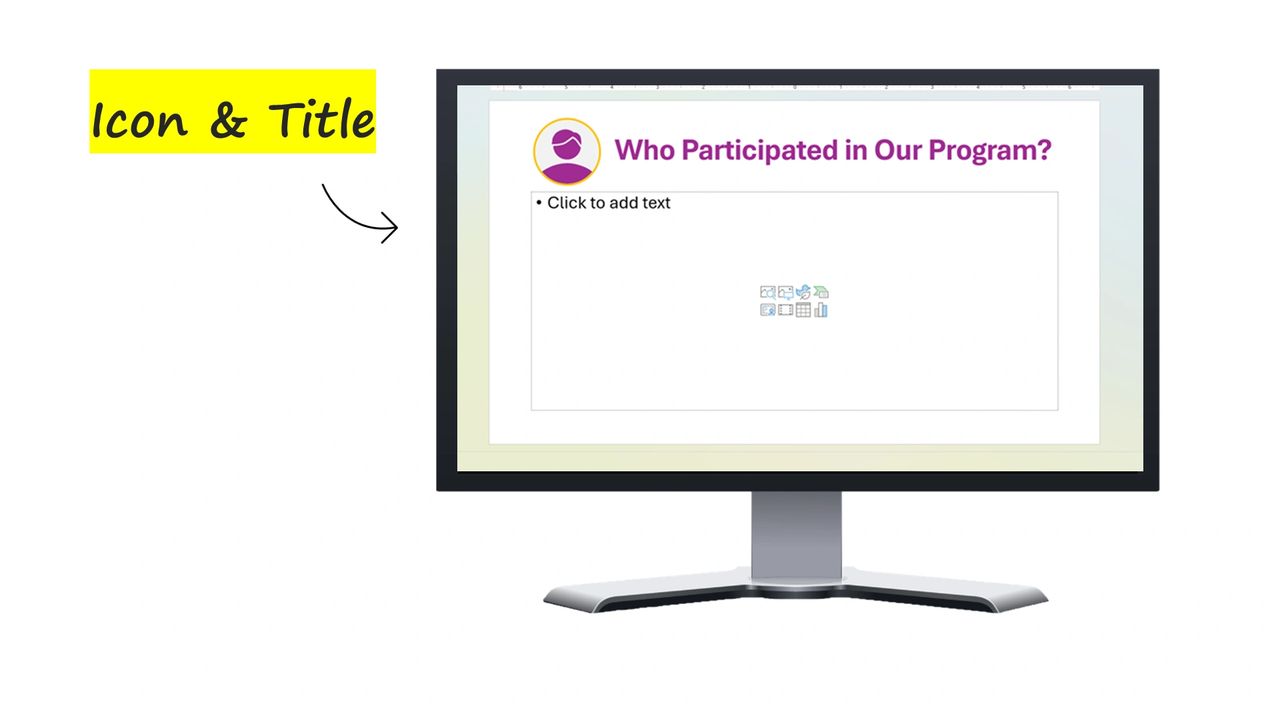 Computer monitor with powerpoint slide layout with an icon and a title Computer monitor with powerpoint slide layout with an icon and a title