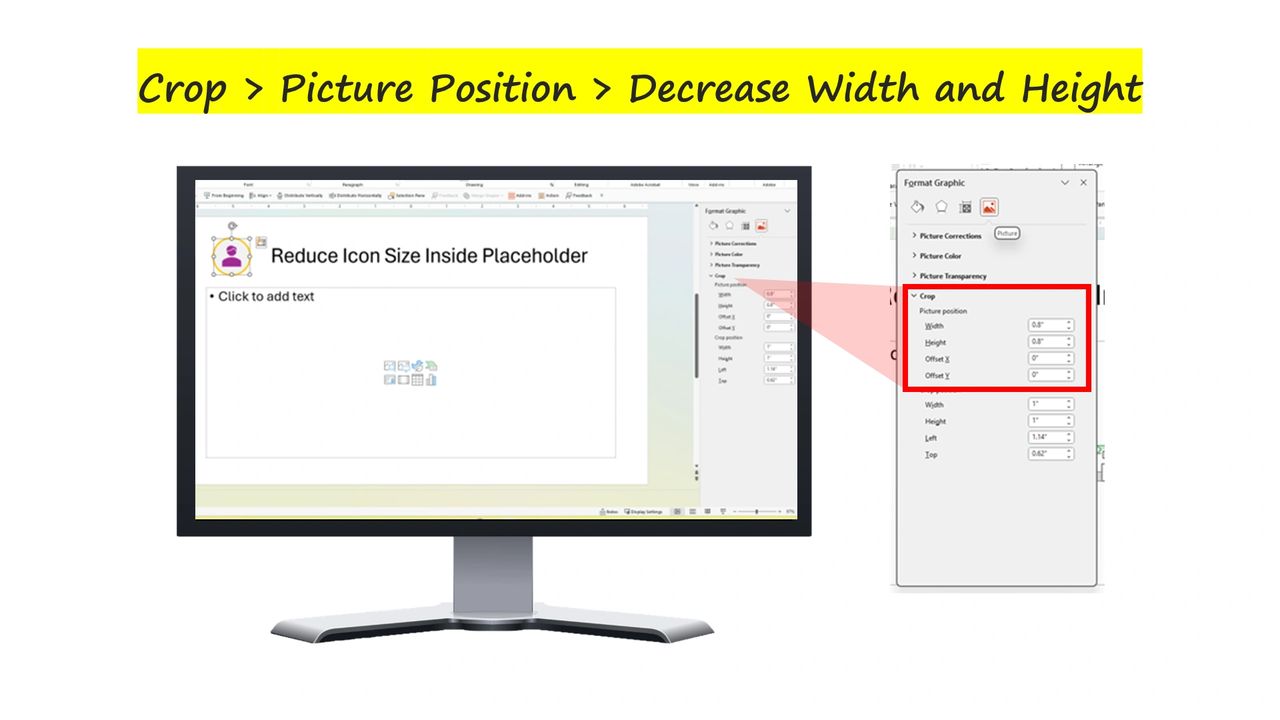 Monistor showing process for reducing icon size from the format graphic menu. Monistor showing process for reducing icon size from the format graphic menu.