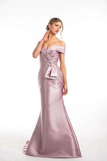 Enchanted Evening Canadian designer off the shoulder satin beaded gown