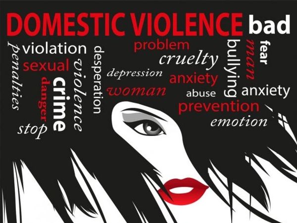A word cloud highlighting issues related to domestic violence with a woman's face illustration.