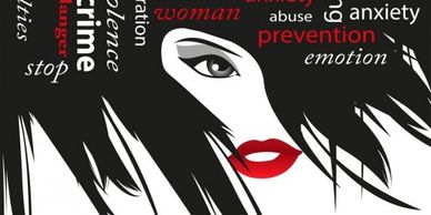 Illustration of a woman's face with words about abuse and prevention.
