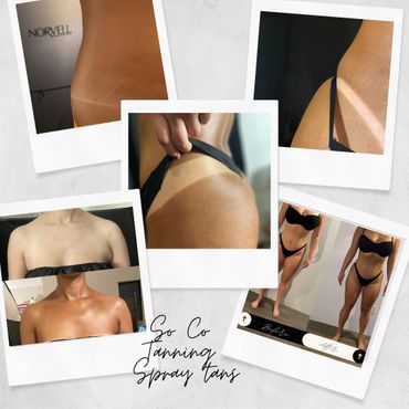 Collage showcasing spray tan results with clear tan lines and skin glow.