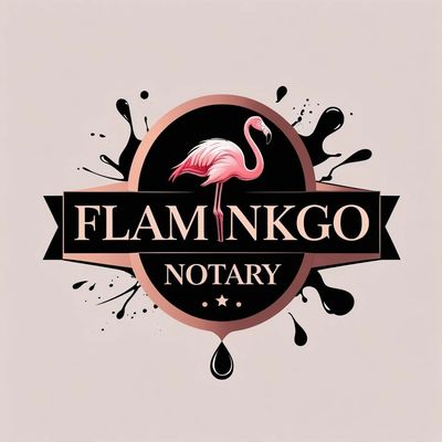 Logo featuring a pink flamingo and the text 'FLAMINKGO NOTARY' with artistic ink splashes.