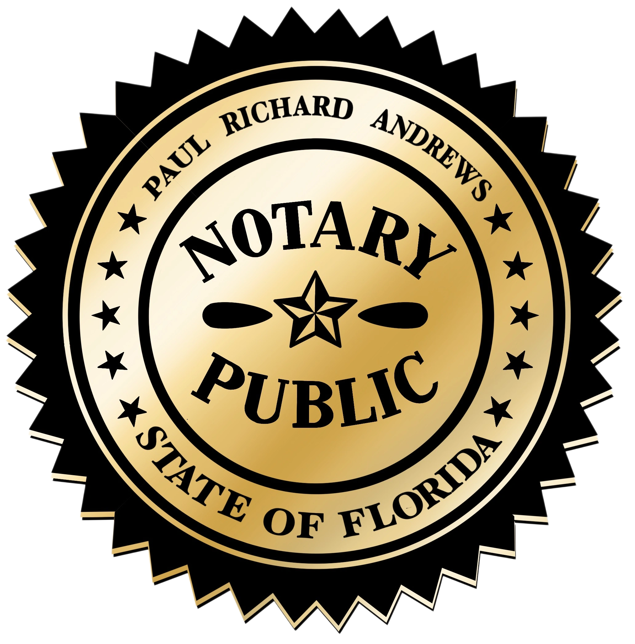 Gold notary public seal for Paul Richard Andrews, Florida.