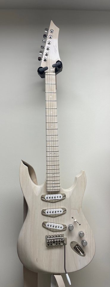 XS "Ghost" White on white on white 6 string guitar with compound radius fingerboard.