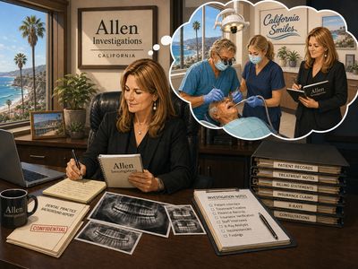 Allen Investigations dental case review with patient records, x-rays, and investigation notes in Cal
