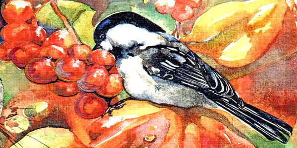 A bird perched on a branch with red berries in a colorful painting.