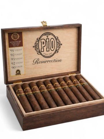 Open wooden box with neatly arranged P10 Resurrection cigars.