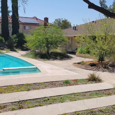 Backyard pool with landscape remodel using recycled materials.