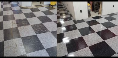 comparison on the job photo dirty floor and newly stripped and waxed tile floor scrub buff wax floor