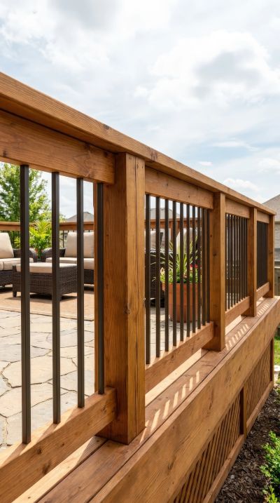 Modern wooden balcony with metal railings and outdoor furniture.