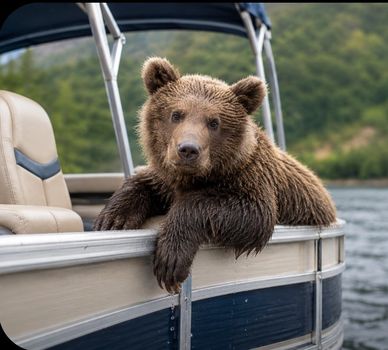 Bear cub leaning on the side of a boat.