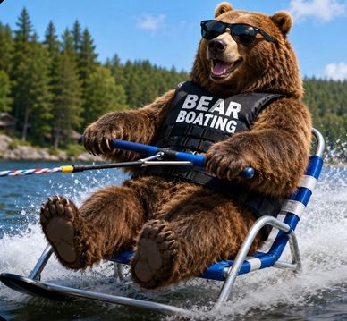 Bear waterskiing with sunglasses and vest.