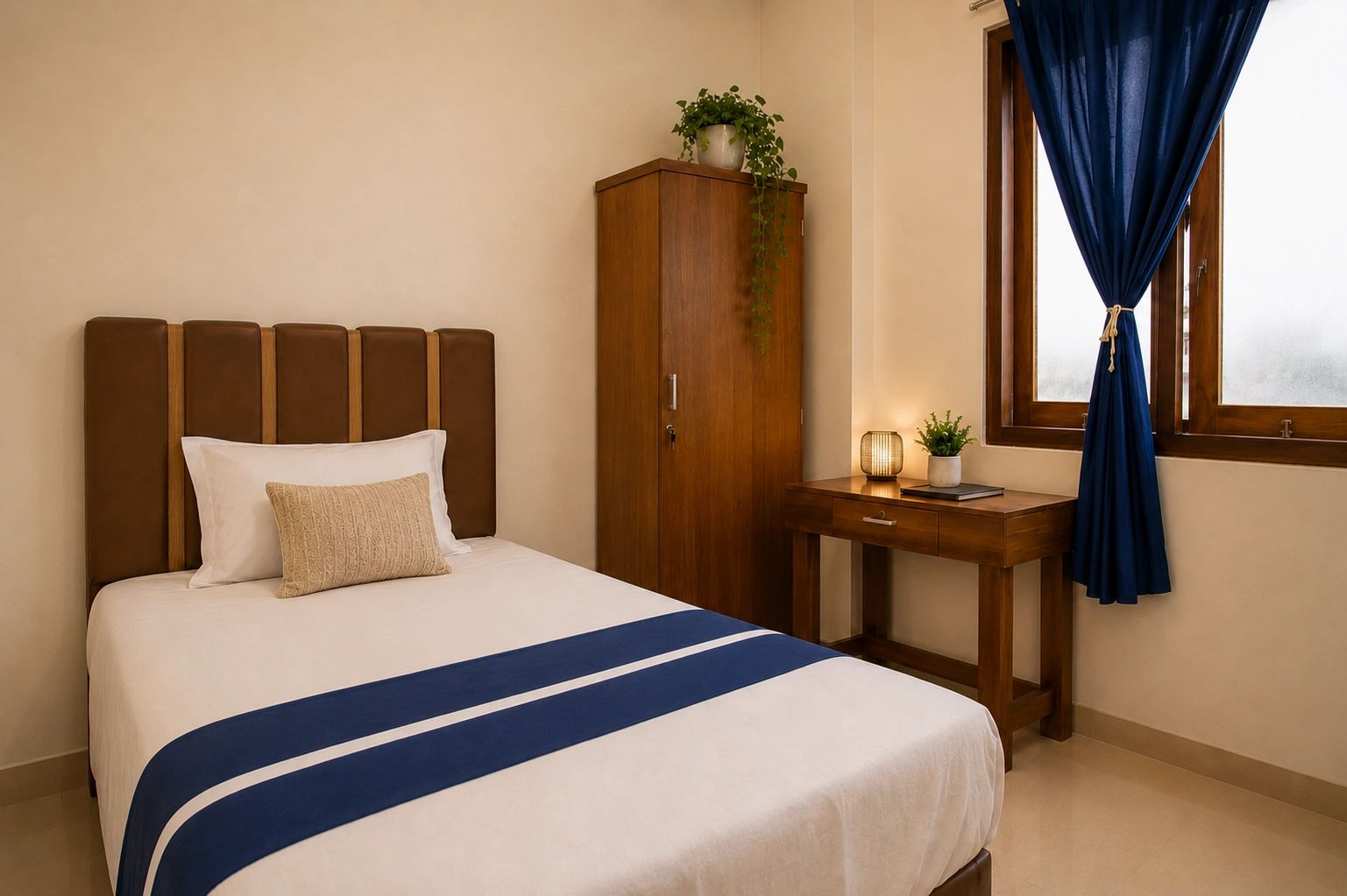 Cozy bedroom with brown and blue accents and wooden furniture.