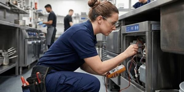 A technician repairing kitchen equipment in a commercial kitchen.
