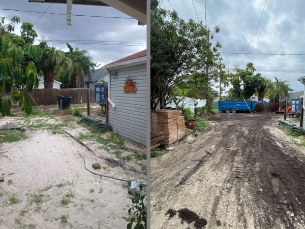 Comparison of a yard before and after dirt has been added.