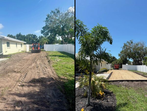 Before and after image of yard landscaping with construction vehicle.