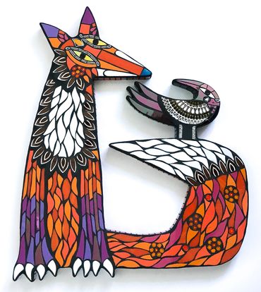 Handmade mosaic fox and bird. Contemporary wall art.