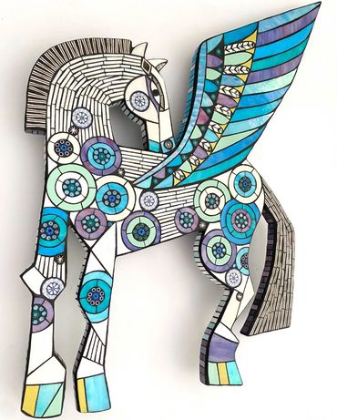 Winged Horse 
H:81cm, W:59cm, D:2.5cm
Mixed media mosaic 