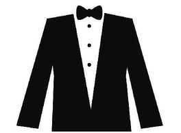 A minimalistic vector image of a tuxedo jacket. It has a black bow tie and three buttons.