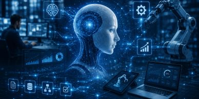 Digital AI brain with robotic arm and data analytics in a futuristic tech environment.