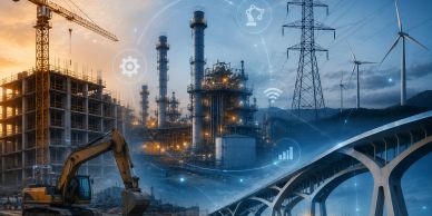 Collage of construction, industrial, and renewable energy infrastructure with digital icons.