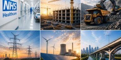 Collage showing healthcare, construction, mining, electricity, renewable energy, and urban infrastructure.