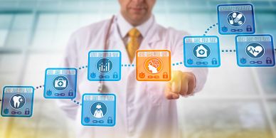 Doctor interacting with futuristic digital health icons.