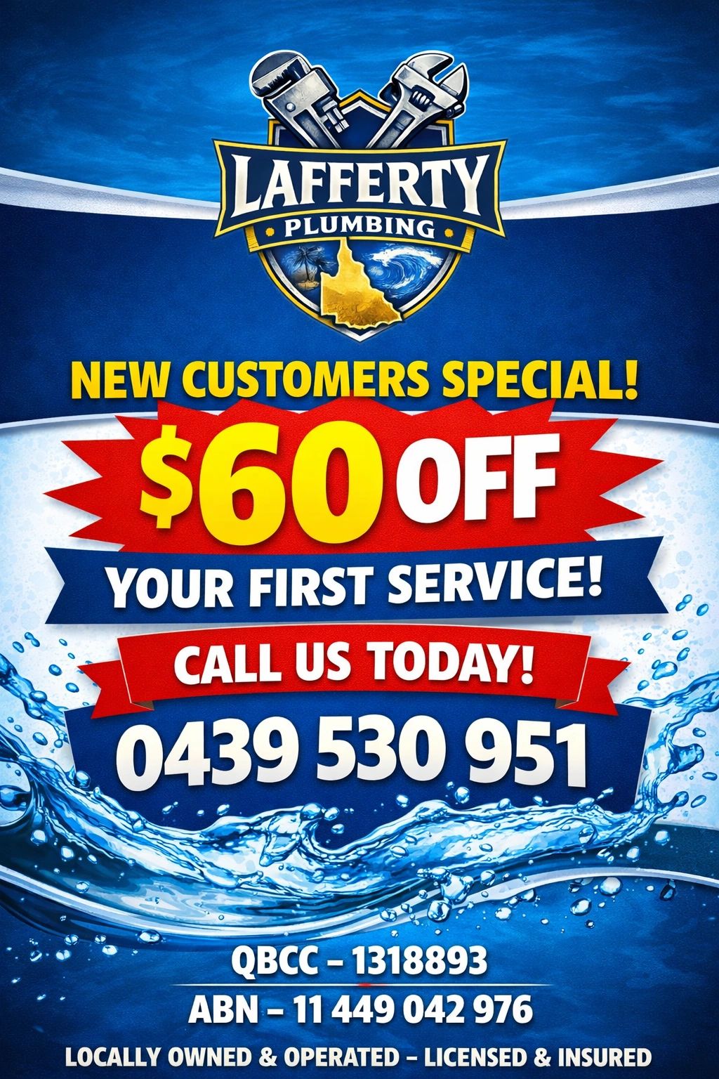 Lafferty Plumbing offers $60 off for new customers on their first service with a call to action.