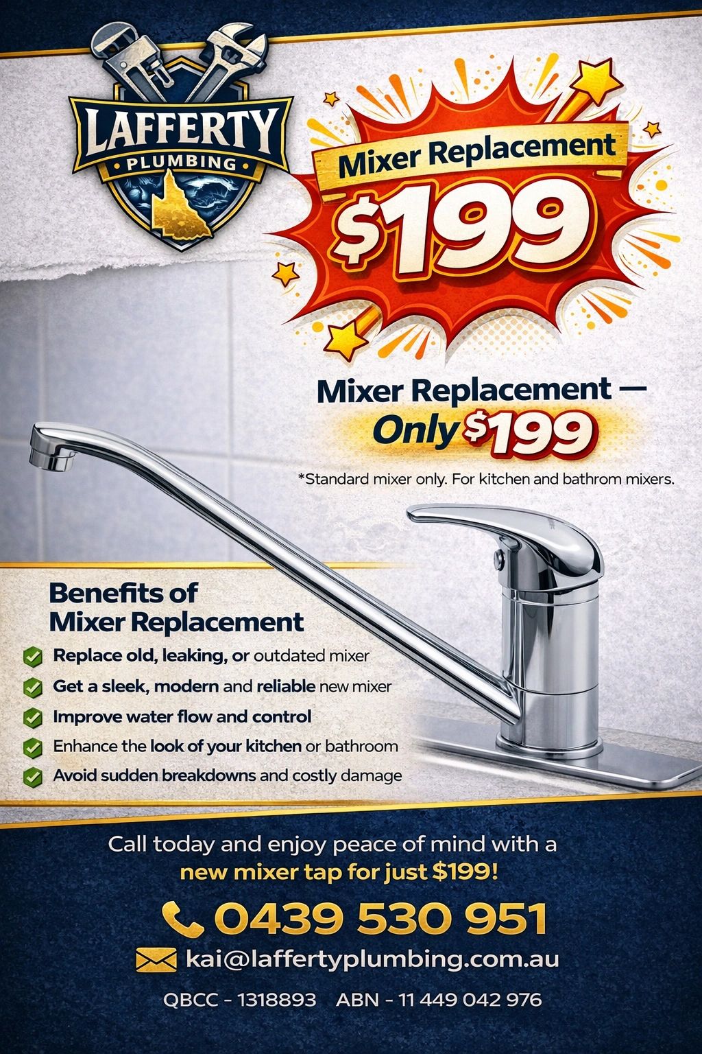 Lafferty Plumbing offers mixer replacement for $199 with benefits and contact info.